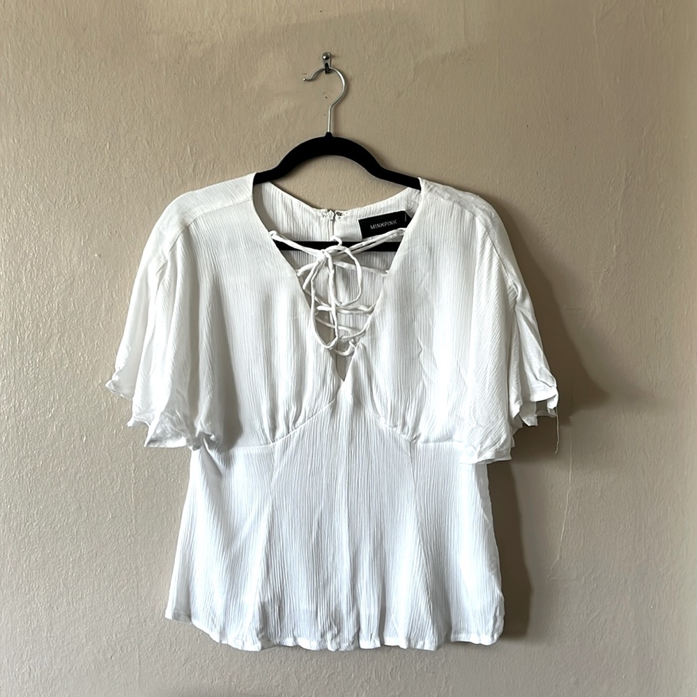 NWT MINK PINK White Cactus Garden Lace Up Flutter Sleeve Top S